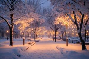 Snow covered trees lining a path with christmas lights at twilight photo