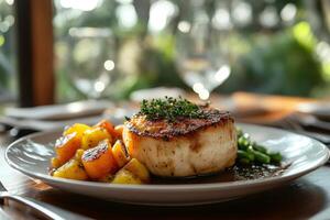 Grilled fish fillet with roasted potatoes and green beans served on a plate in a restaurant photo