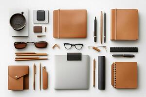 Elegant workspace accessories neatly arranged, promoting productivity and organization photo