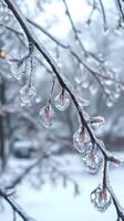 Frozen rain covering tree branches during winter ice storm photo