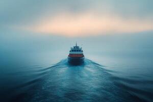 Ferry boat sailing on the sea at sunset creating waves in the fog photo