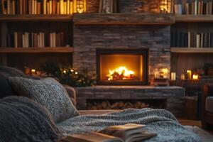 Cozy living room with burning fireplace and book resting on knitted blanket photo
