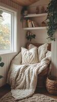 Cozy reading nook with chunky knit blanket, pillows, and wicker chair by window photo