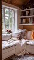 Cozy reading nook with cushions, blanket, and bookshelf by the window illuminating warm light photo