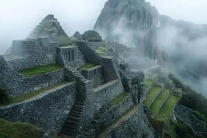 Machu Picchu ruins emerging from the fog in the Andes Mountains photo