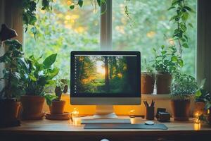Cozy home office setup with computer and plants by the window displaying a forest landscape photo