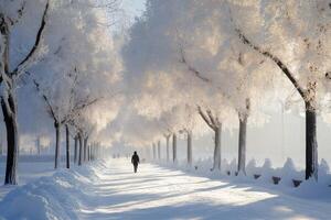 Man walking in a snowy park during a beautiful winter morning photo