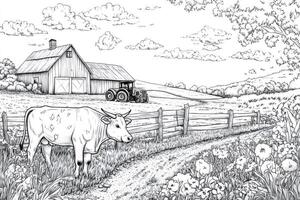 Cow grazing in a field near a barn and a tractor in a black and white drawing photo