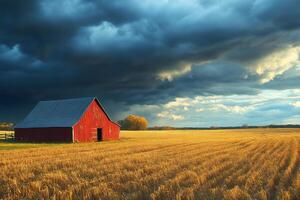 Red barn standing in harvested field under dramatic cloudy sky photo