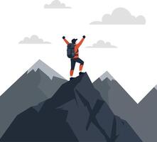 A determined hiker in an orange jacket triumphantly stands atop a rugged mountain peak in flat illustration vector