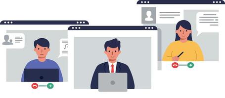 Three diverse professionals engaged in a virtual meeting, showcasing minimalistic design style in vibrant colors, illustration vector