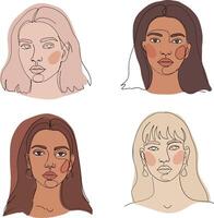 Four diverse female faces illustrated in a minimal and modern style showcasing unique features and expressions in art vector