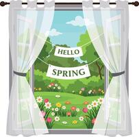 A bright window scene showcasing a vibrant garden with flowers and greenery, featuring a cheerful Hello Spring banner in flat art vector