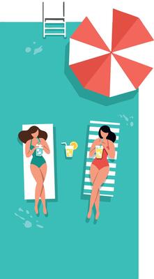 Two women relaxing under a red and white umbrella on sun loungers in a flat design illustration
