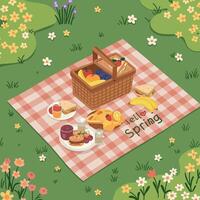 A vibrant picnic scene on a checkered blanket with assorted foods and fruits in a flat illustration vector