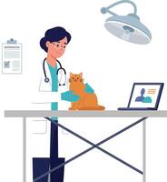 Veterinarian in a white coat examining an orange cat on a table under a lamp in a flat art style vector