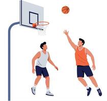 Two male basketball players engaged in a competitive game, with one shooting and the other defending in vibrant flat art vector