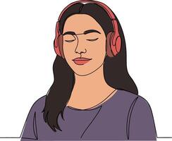 Woman enjoying music with red headphones, featuring minimal design style and calm expression, illustration vector