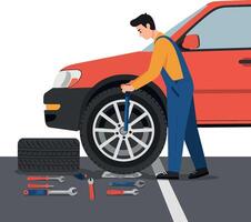 A man in blue overalls changing a tire on a red car using tools in a flat illustration vector
