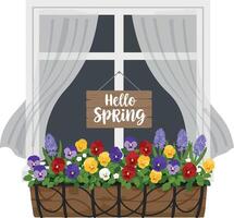Colorful flower box beneath a bright window with sheer curtains in a cozy home setting, showcasing a cheerful spring atmosphere in art vector