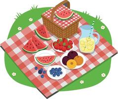 A colorful picnic spread featuring fruits, drinks, and a wicker basket on a checkered blanket in flat art vector