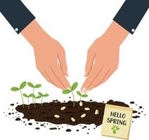 Hands gently planting seeds in rich soil with sprouts emerging, showcasing a minimal design style in vibrant colors, illustration vector