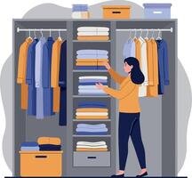 A woman organizing a colorful wardrobe with neatly folded clothes in a minimal style illustration vector