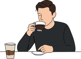 A man enjoying a cup of coffee while seated at a table in a minimalist setting featuring flat design art vector