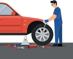 A mechanic changing a tire on a red car with tools scattered around in a flat illustration vector