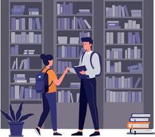 Two characters interacting in a library with shelves full of books in a flat illustration vector