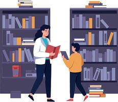 A woman and a child engaging in reading activities in a cozy library setting with colorful shelves in flat art vector