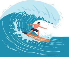 A surfer skillfully riding a large ocean wave in a vibrant, flat design style illustration vector