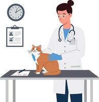 A veterinarian in a white coat gently examines a ginger cat on a table with medical documents in a flat illustration vector