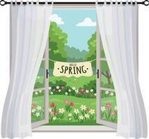 A bright window scene showcasing lush greenery and blooming flowers in a flat illustration with a cheerful Hello Spring banner vector