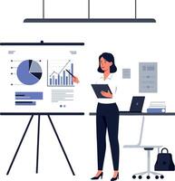 Professional woman presenting data analysis on charts in a modern office setting, minimal illustration vector