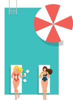 Two women lounging by a pool under a large red and white umbrella in flat art vector