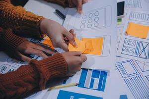 Two people working on a project with sticky notes photo