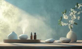A vase with white flowers sits on a table next to a diffuser and two bottles photo