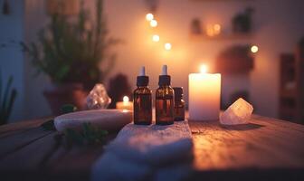 Two bottles of essential oils are on a table next to a candle photo
