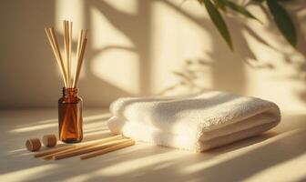 A bottle of essential oils sits on a table next to a white towel photo