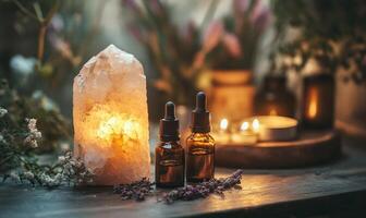 Two bottles of essential oils are on a table next to a crystal lamp photo