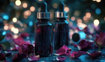 Two bottles of perfume are on a table with rose petals photo