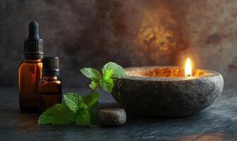 A candle is lit in front of two bottles of essential oils photo