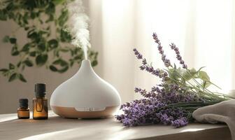 A white diffuser with lavender flowers on a table photo