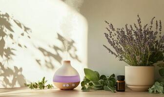 A diffuser with a purple light is on a table photo