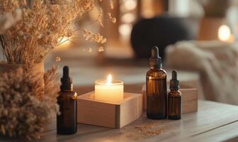 A candle is lit on a table with three bottles of essential oils photo