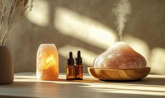 A salt lamp sits on a table next to two bottles of essential oils photo
