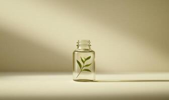A clear glass bottle with a leaf inside photo
