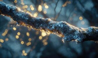 A branch with snow on it and a light shining on it photo