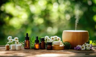 A wooden table with a diffuser, several bottles of essential oils photo